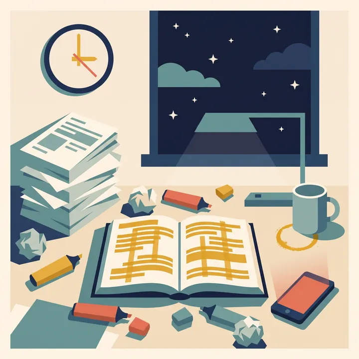 Mesa de estudo bagunçada de madrugada, com um livro todo grifado, marca-textos espalhados e um relógio marcando três horas